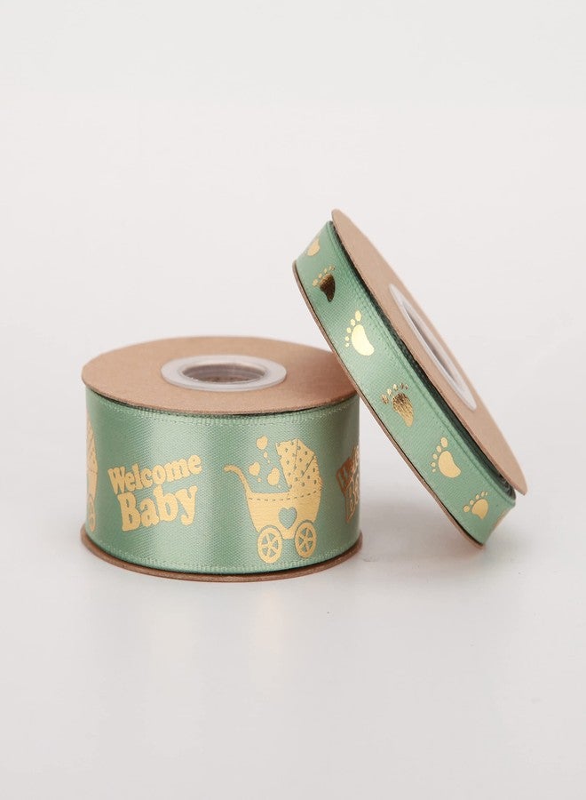 Meseey 2 Rolls Total 20 Yards Welcome Baby Ribbon Sage Green and Gold Foot Print Ribbons for Crafts Cake Baby Shower Birthday,Gift Wrapping, Party Decoration (sage Green) - Image 4